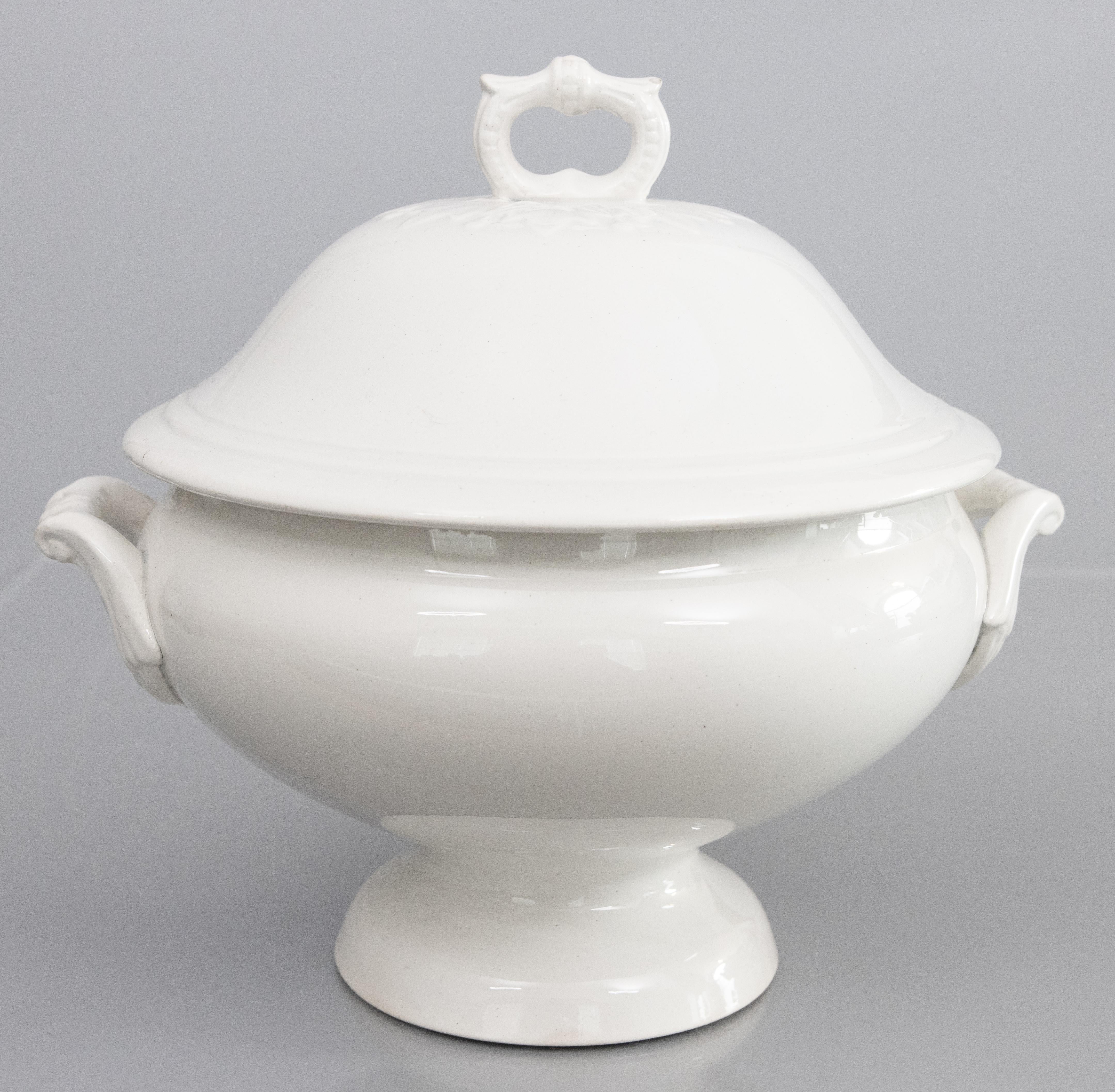 Glazed Antique French White Ironstone Lidded Soup Tureen For Sale