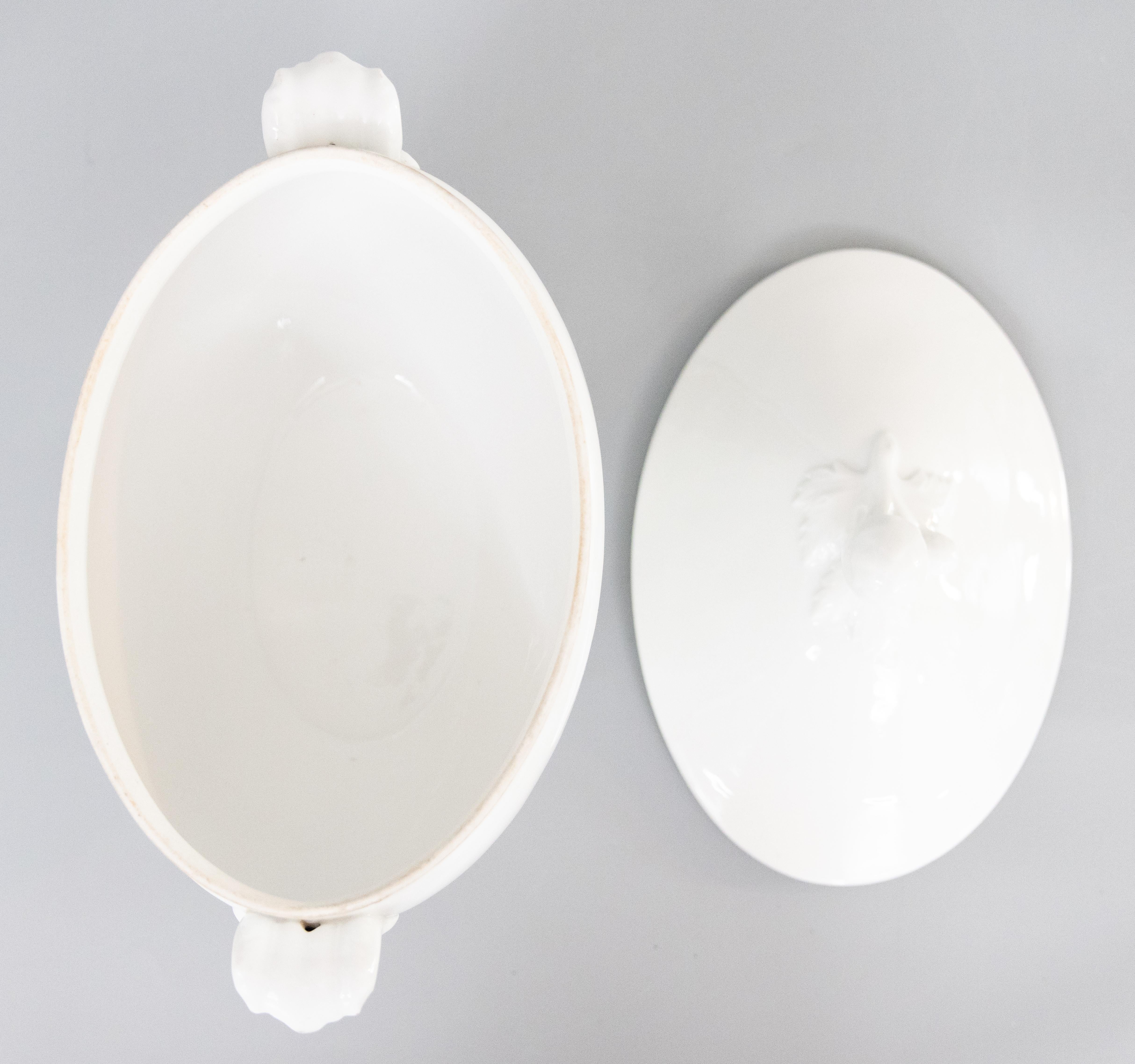 Antique French White Ironstone Sopa Ovalada con Tapa Soupière Piedra de hierro
