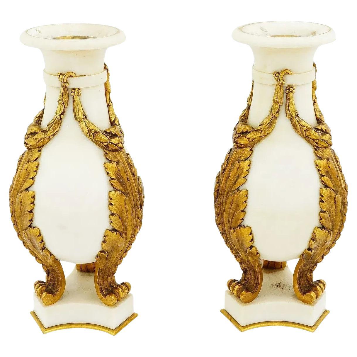 Antique French Cassolettes De Mármol Blanco Y Bronce Dorado