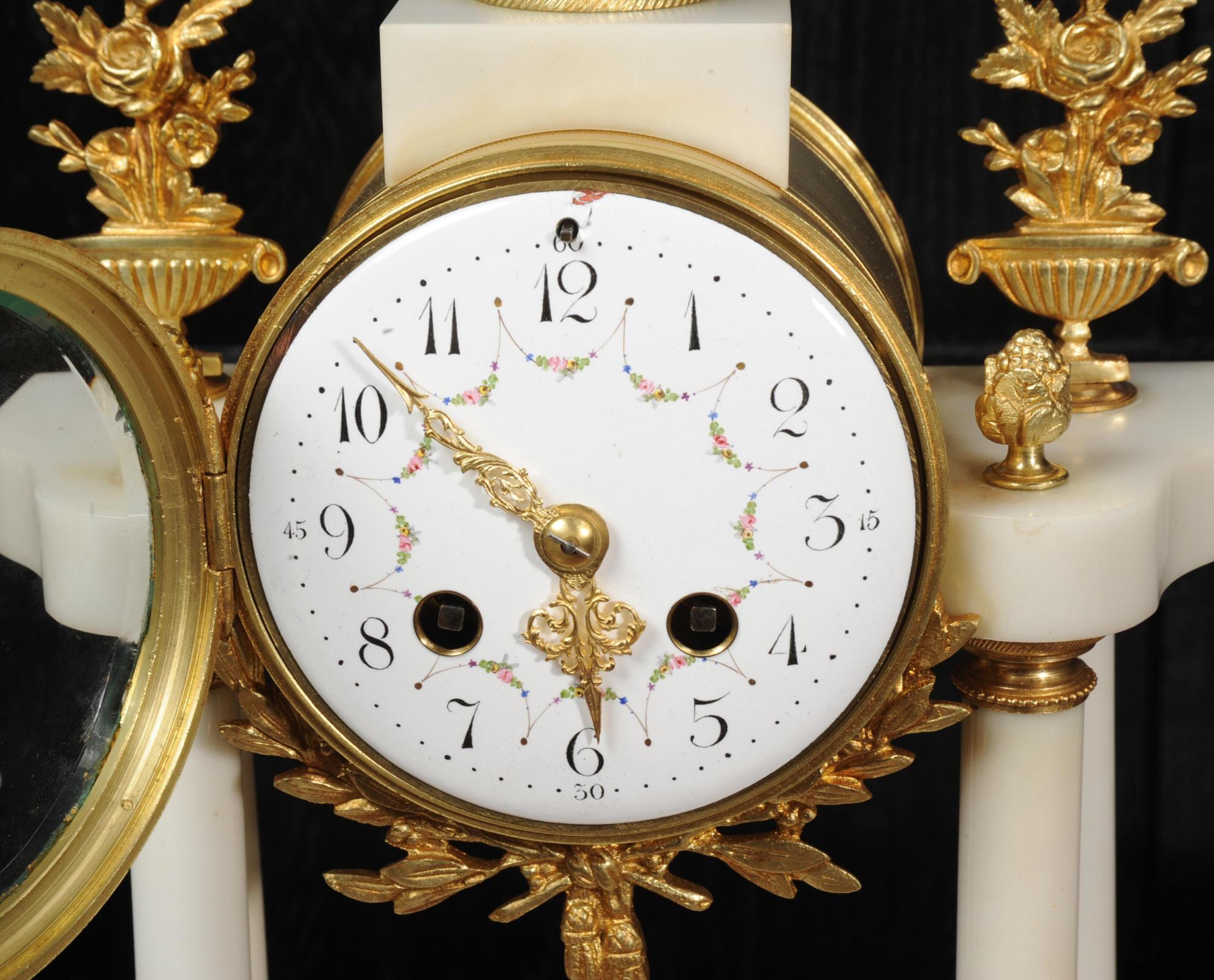 Antique French White Marble and Ormolu Portico Clock 3