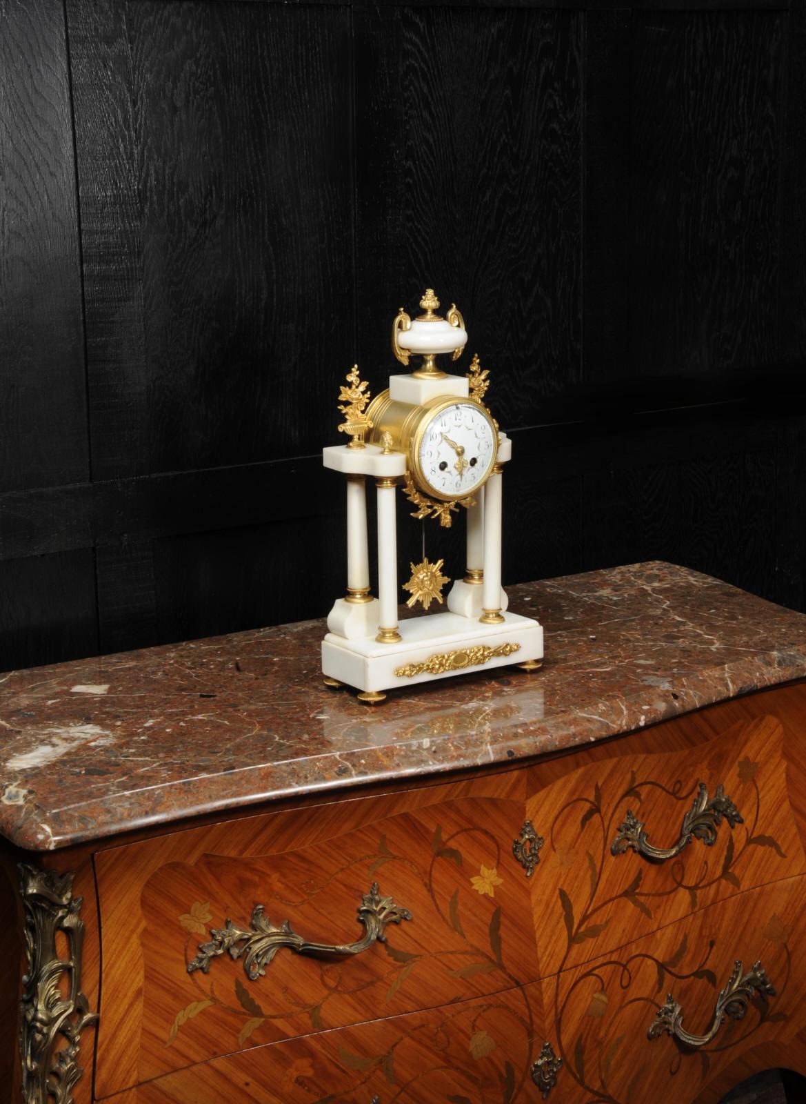 Louis XVI Antique French White Marble and Ormolu Portico Clock
