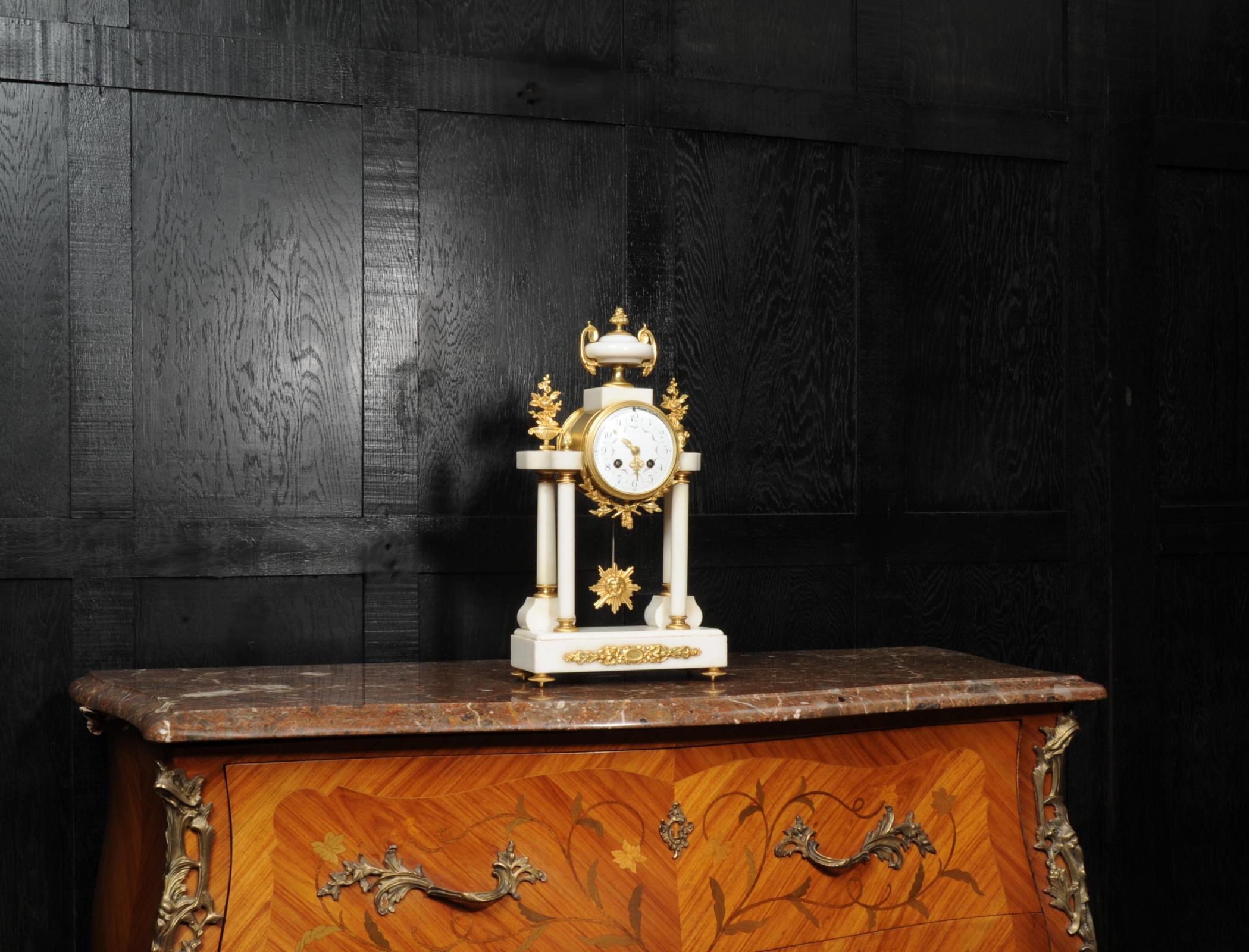 Antique French White Marble and Ormolu Portico Clock In Good Condition In Belper, Derbyshire