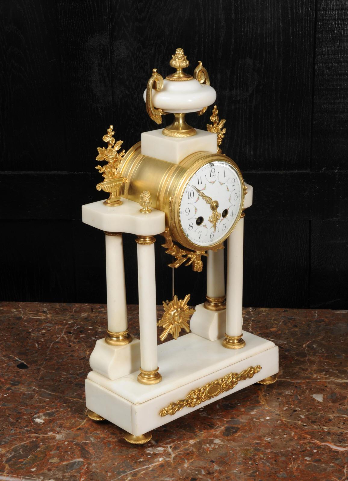 Antique French White Marble and Ormolu Portico Clock 1
