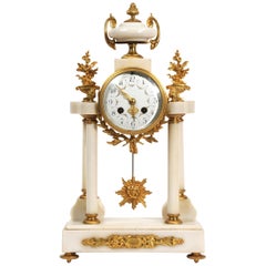 Antique French White Marble and Ormolu Portico Clock