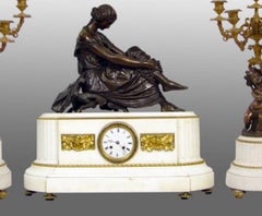 Antique French White Marble Bronze Clock Set Candelabras, Pradier, circa 1870