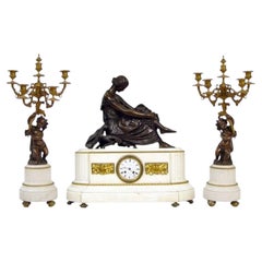 Antique French White Marble Bronze Clock Set Candelabras, Pradier, circa 1870