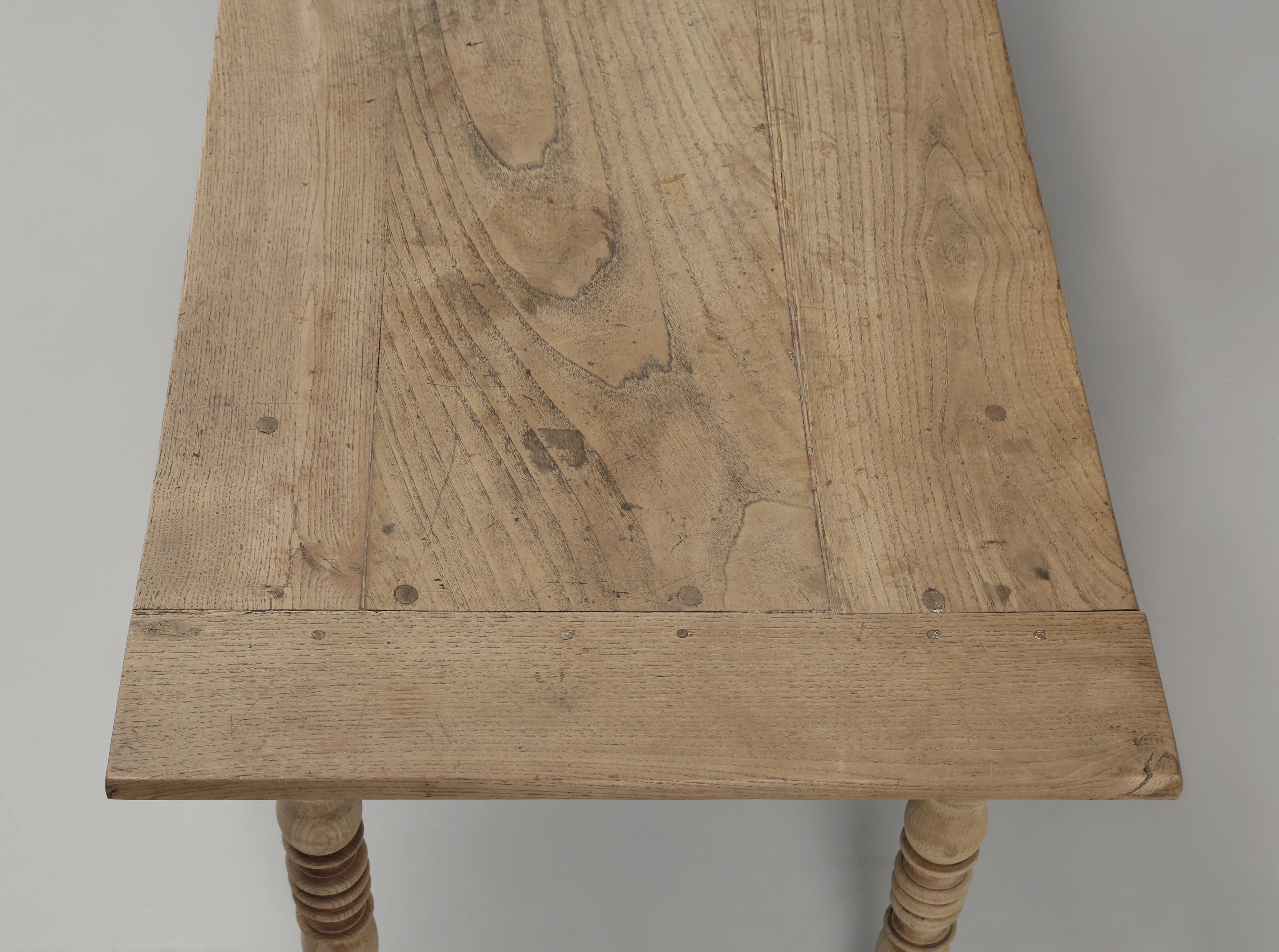 Hand-Crafted Antique French White Oak Farm Table Pegged 3-Board Top Old Plank Washed Finish