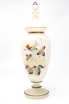 Antique French White Opaline Glass Covered Urn / Lidded Vase with Hand-Painted B