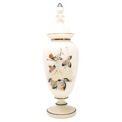 Antique French White Opaline Glass Covered Urn / Lidded Vase with Hand-Painted B