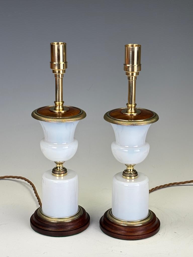 Antique French White Opaline Glass Médicis Table Lamps

A fine and elegant pair of French white opaline glass table lamps, beautifully modelled in the classical Médicis vase form. Each lamp is mounted with finely cast gilt brass mounts, the circular
