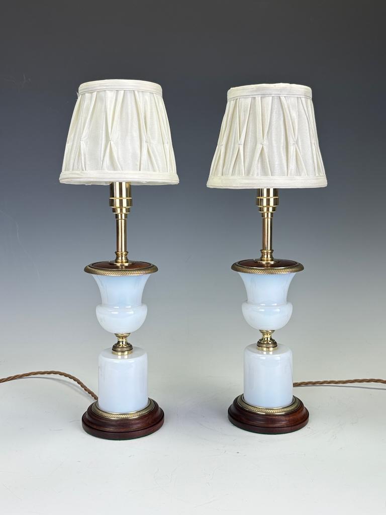 Brass Antique French White Opaline Glass Médicis Table Lamps For Sale