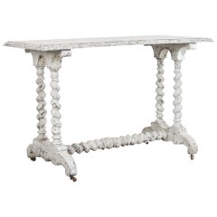 Antique French White Painted Table on Wheels