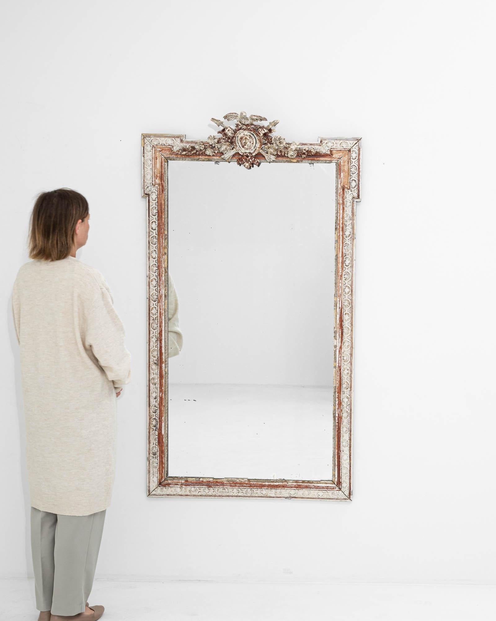 French Provincial Antique French White Patinated Wooden Mirror For Sale