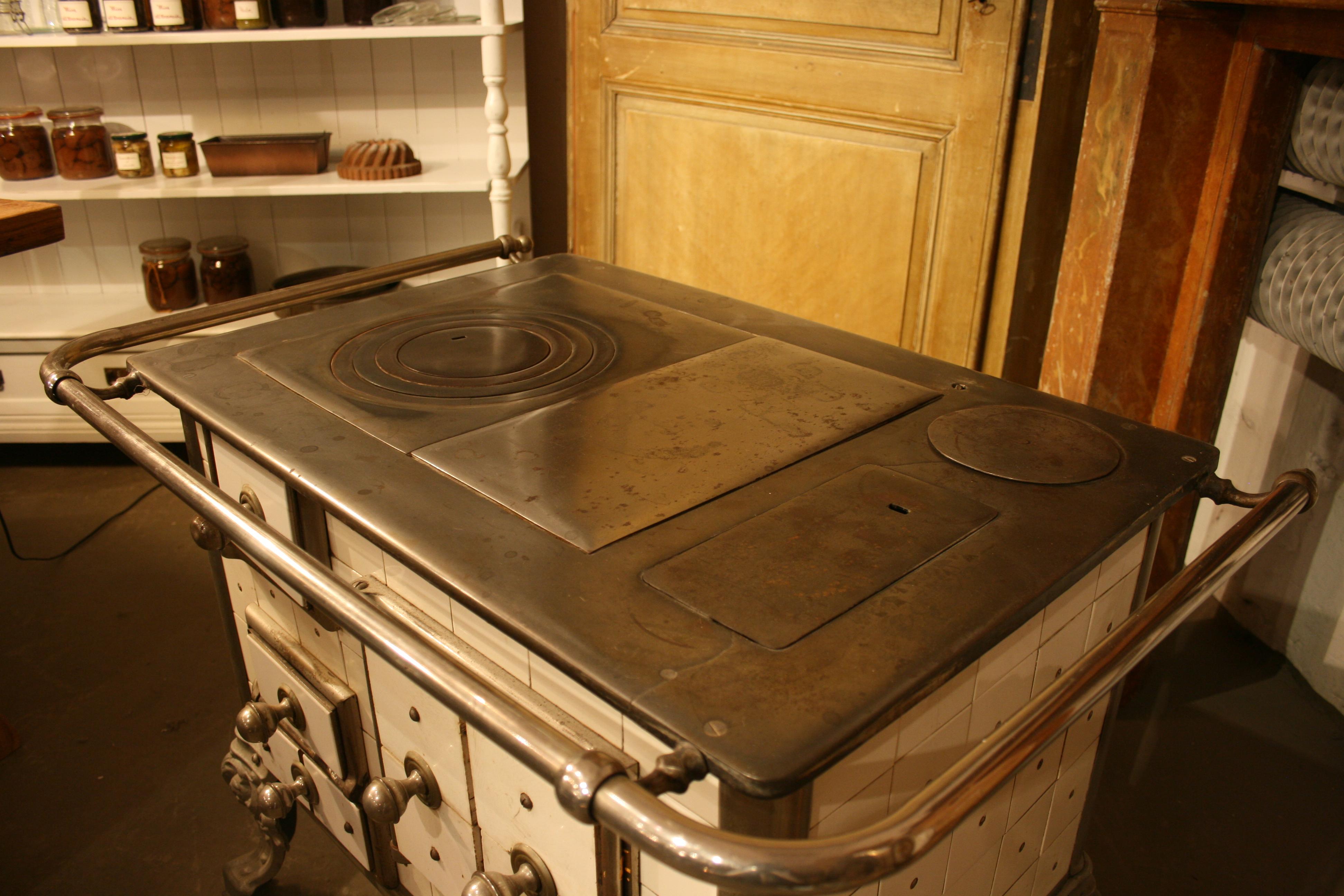 Iron Antique French White Tiled Stove, circa 1900