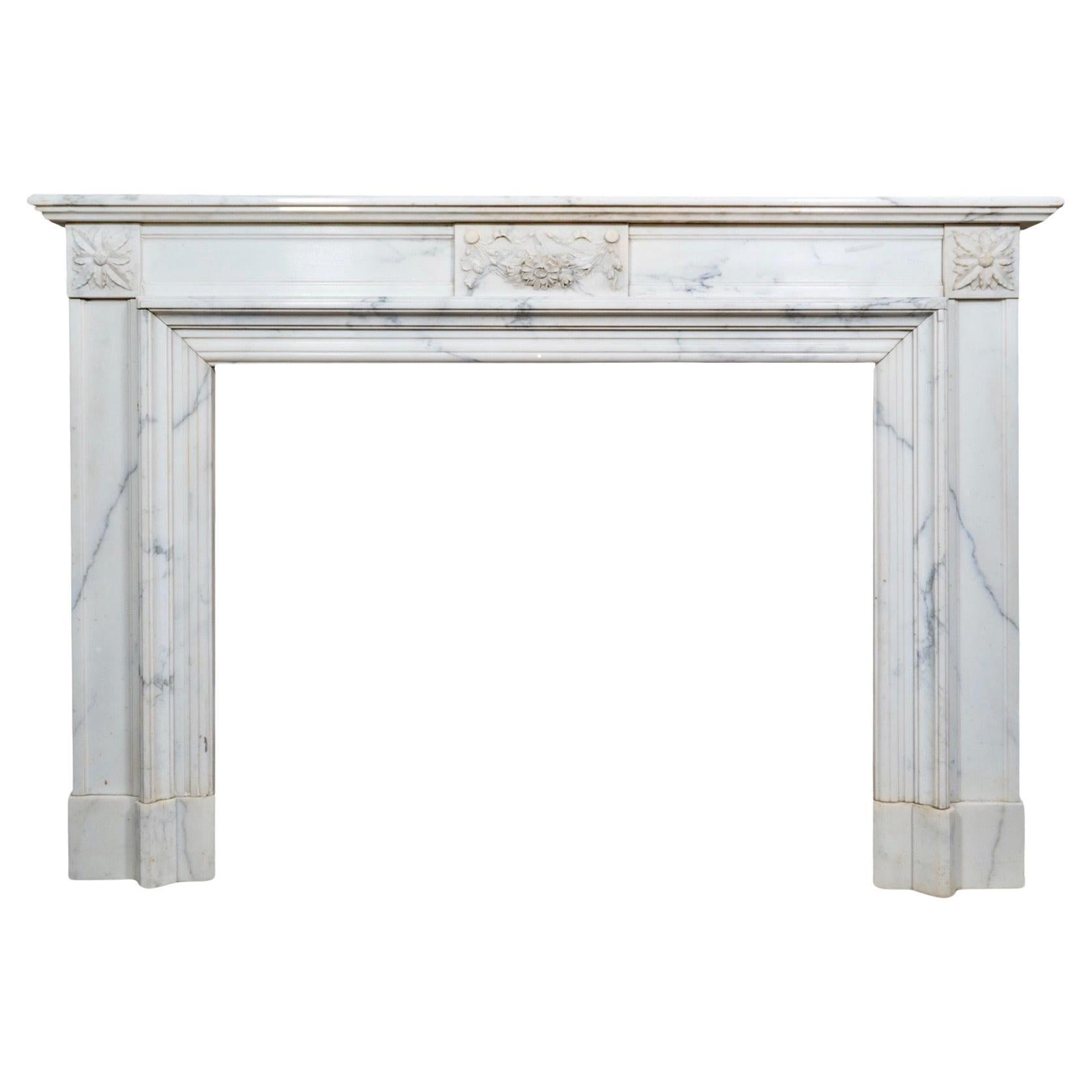 Antique French White Veined Carrara Marble Mantel For Sale