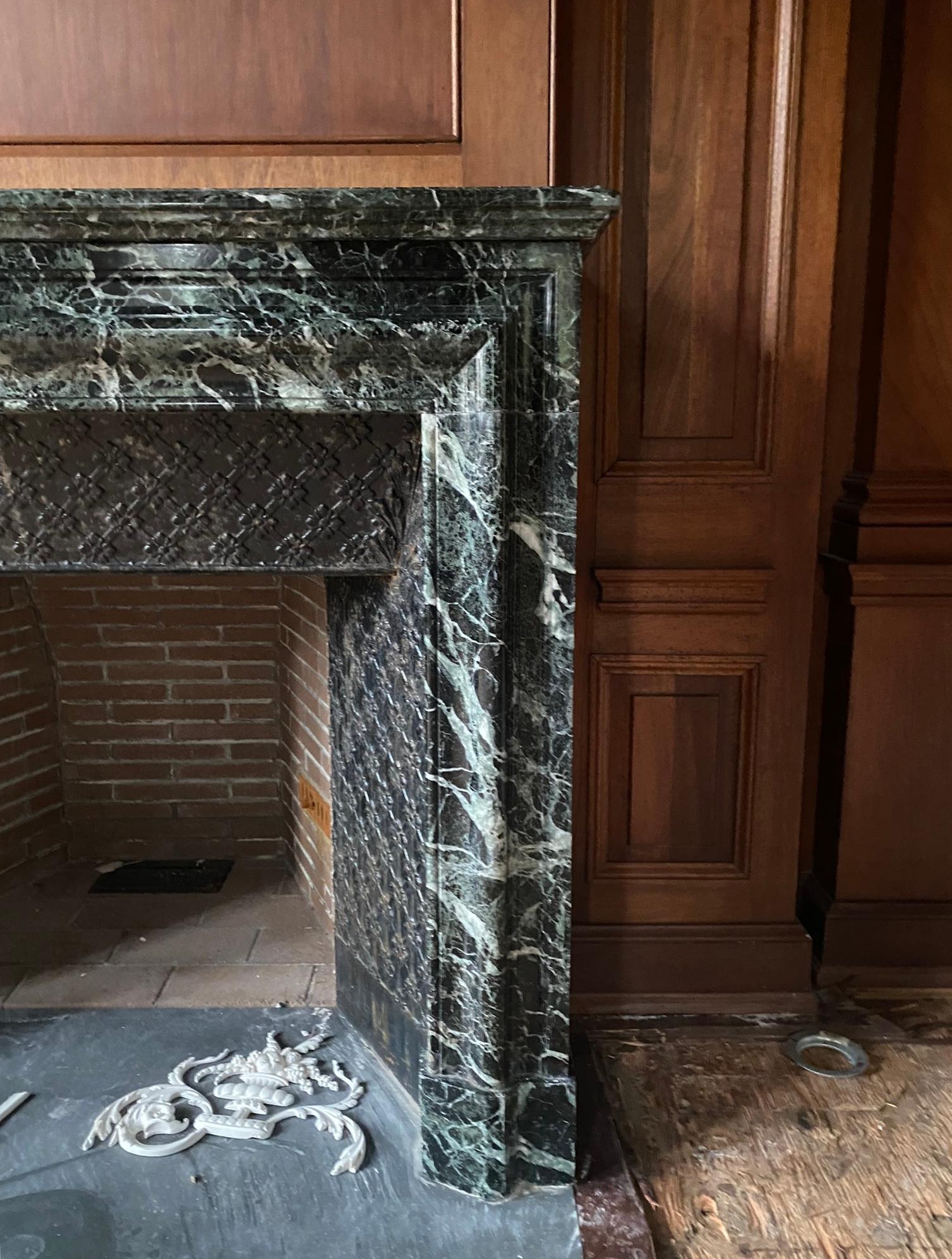 19th Century Antique French White Veining Green Marble Mantel For Sale