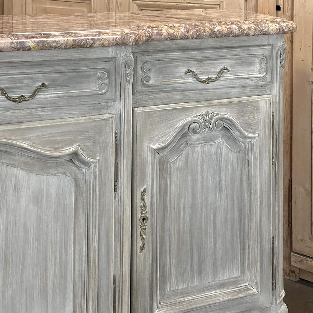 Antique French Whitewashed Walnut Step-Front Marble Top Buffet For Sale 9