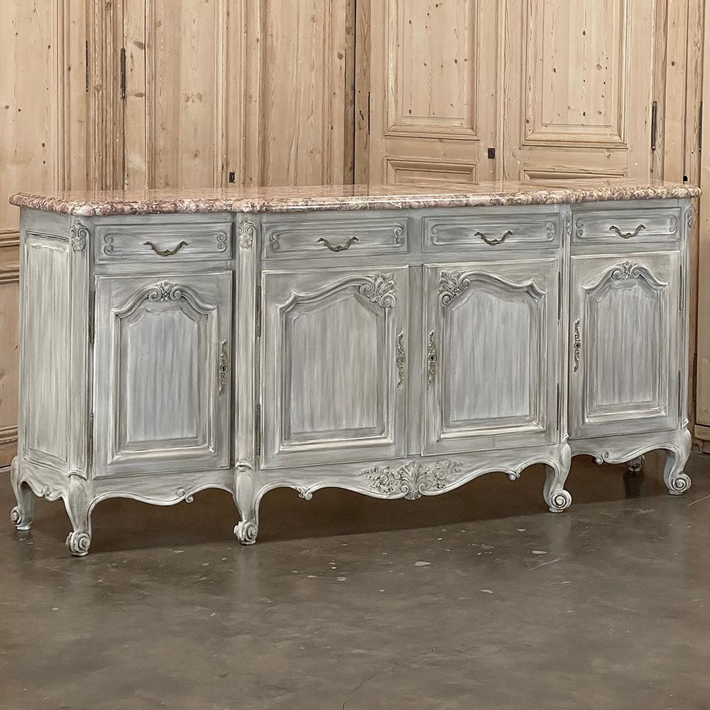 Antique French Whitewashed Walnut Step-Front Marble Top Buffet will create a majestic visual statement in any room!  The step-front design combined with serpentine sides creates interest from any angle, and accentuates the form while bringing the