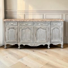 Antique French Whitewashed Walnut Step-Front Marble Top Buffet