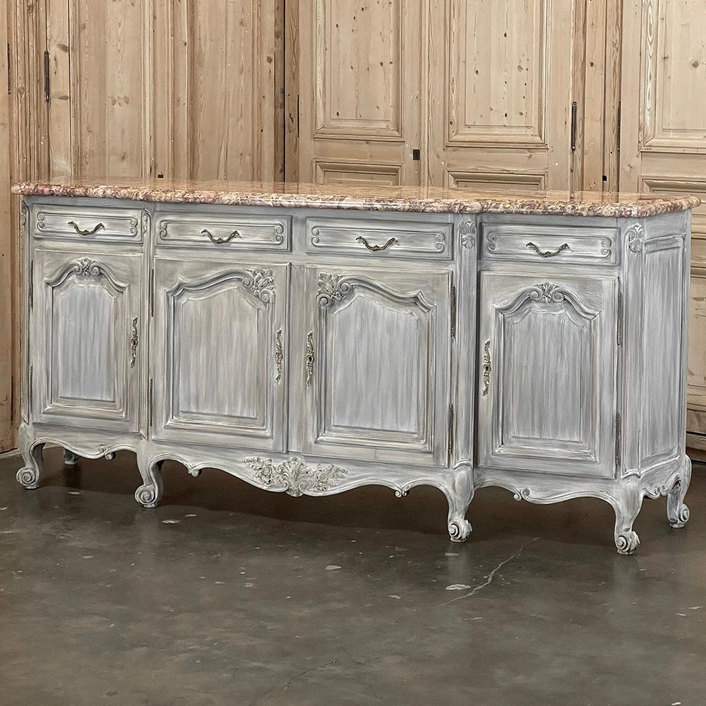 Louis XIV Antique French Whitewashed Walnut Step-Front Marble Top Buffet For Sale