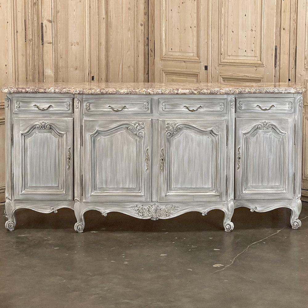 Hand-Crafted Antique French Whitewashed Walnut Step-Front Marble Top Buffet For Sale