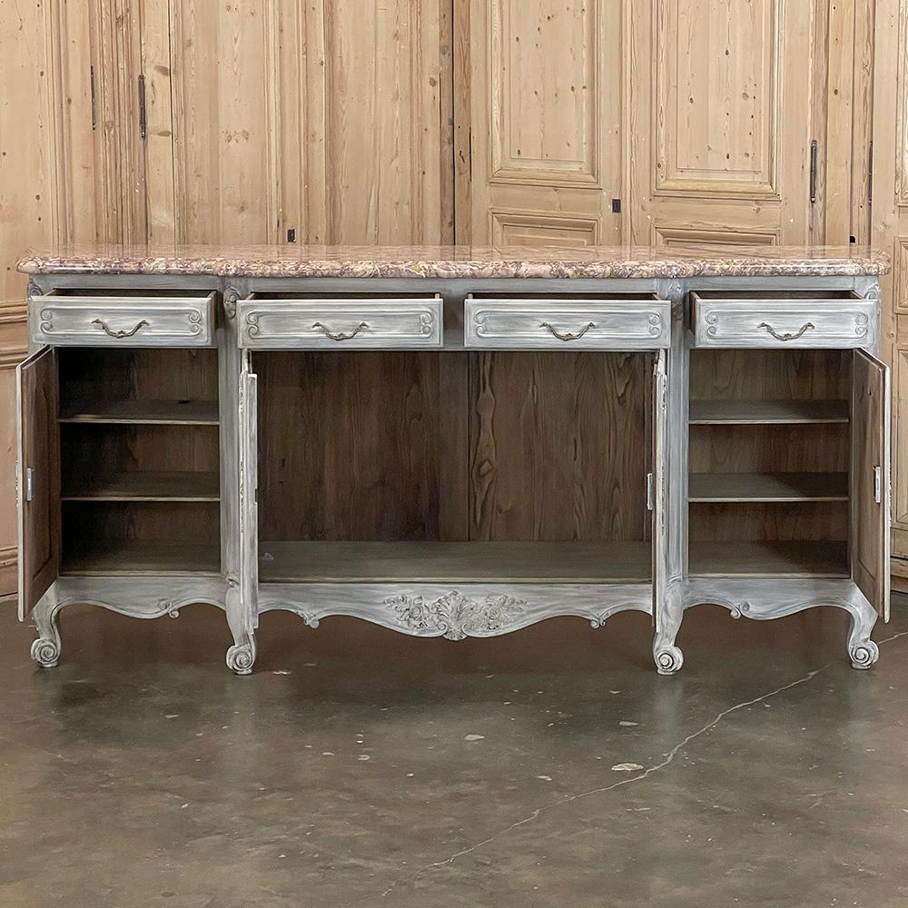Antique French Whitewashed Walnut Step-Front Marble Top Buffet In Good Condition For Sale In Dallas, TX