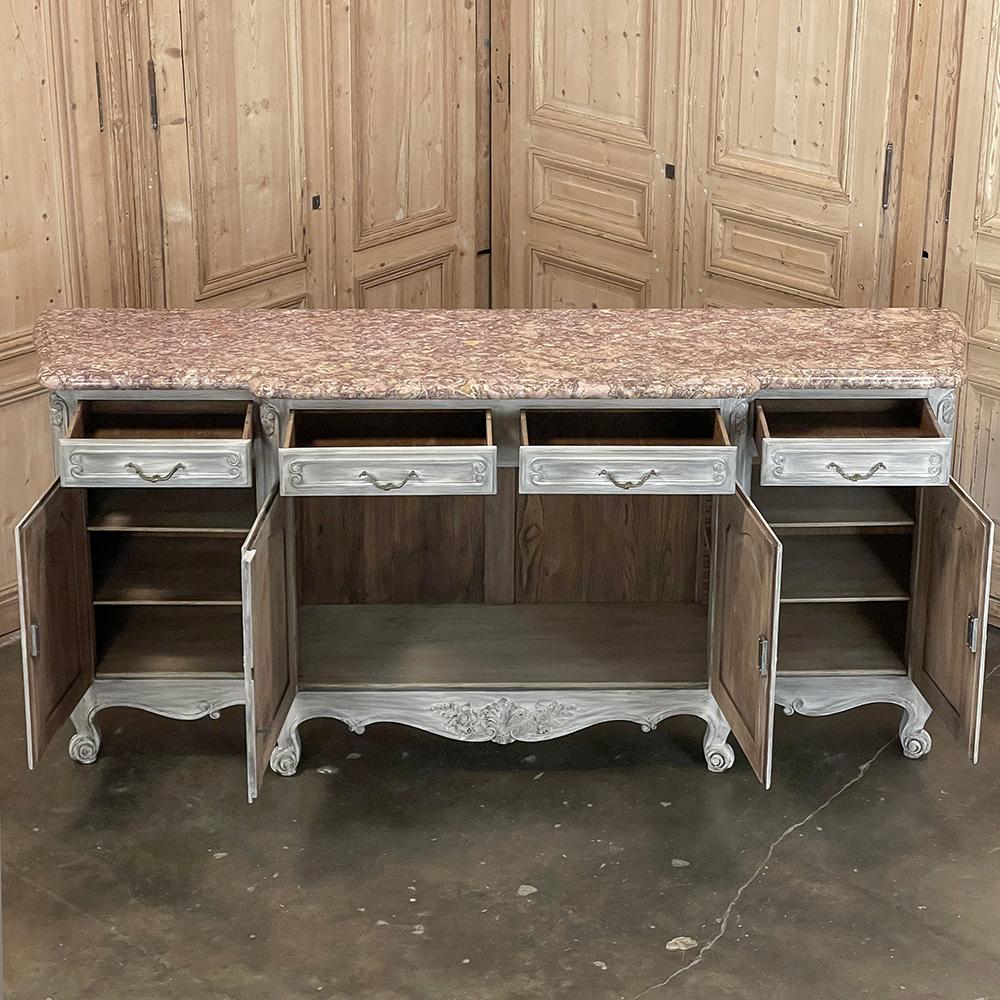 20th Century Antique French Whitewashed Walnut Step-Front Marble Top Buffet For Sale
