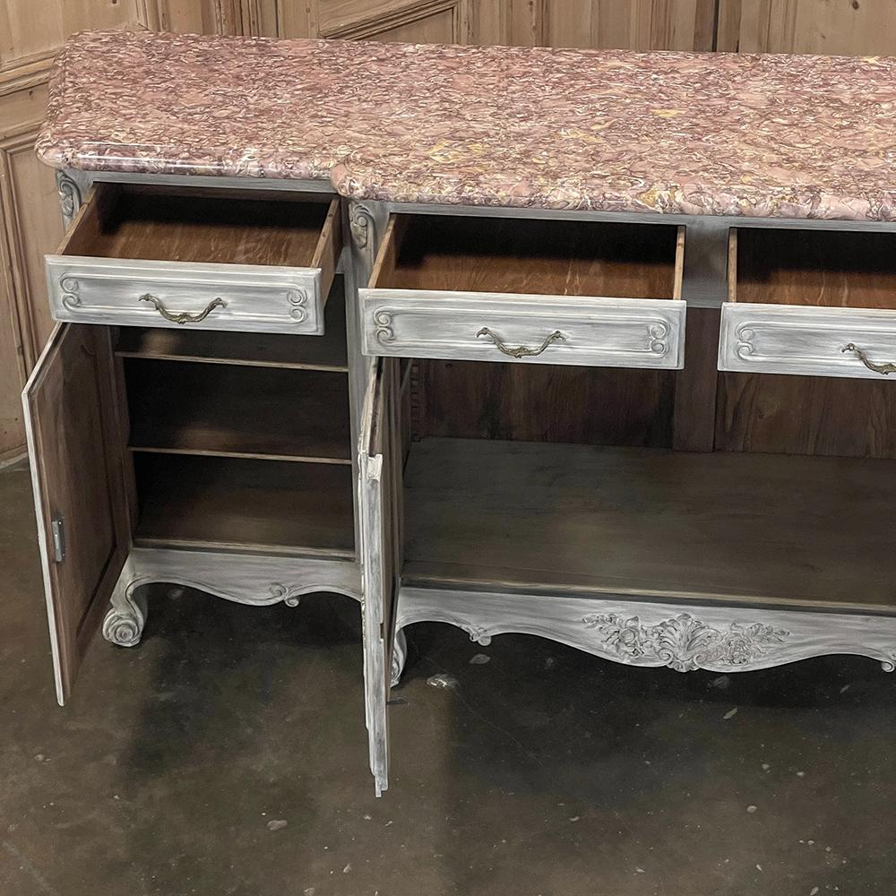 Brass Antique French Whitewashed Walnut Step-Front Marble Top Buffet For Sale