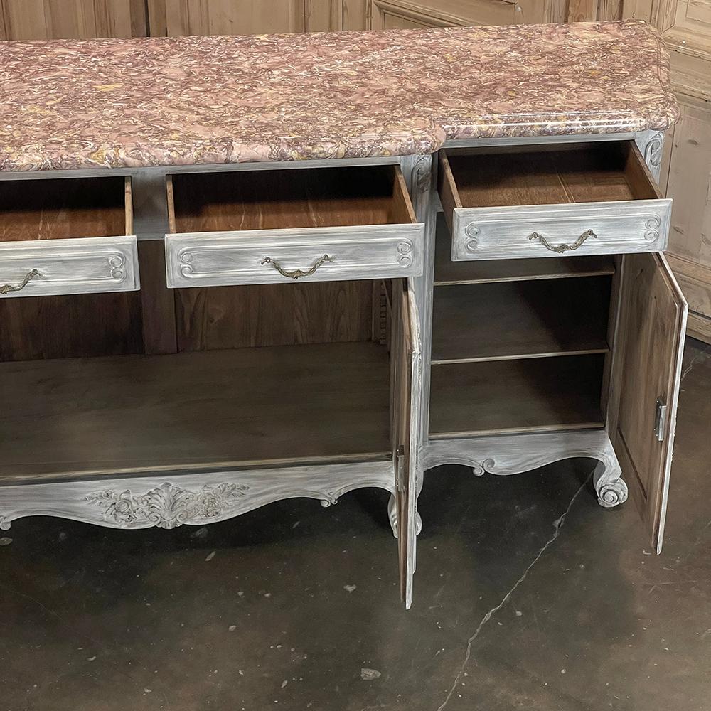 Antique French Whitewashed Walnut Step-Front Marble Top Buffet For Sale 1