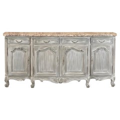 Antique French Whitewashed Walnut Step-Front Marble Top Buffet