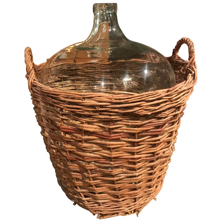 Antique French Wicker Wine Demijohn Jug For Sale at 1stDibs