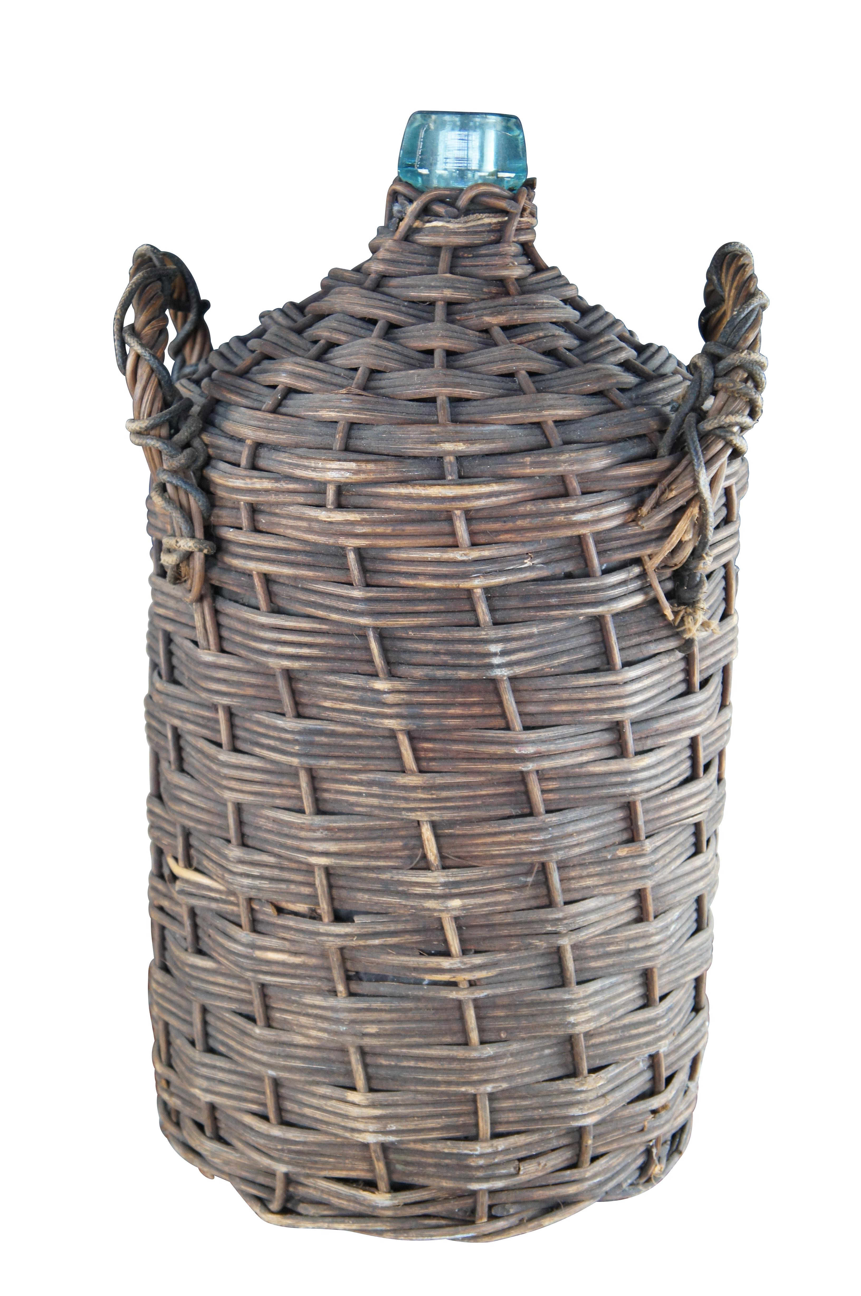 Antique French Wicker Wrapped Green Glass Demijohn Wine Bottle Jug Carboy 21