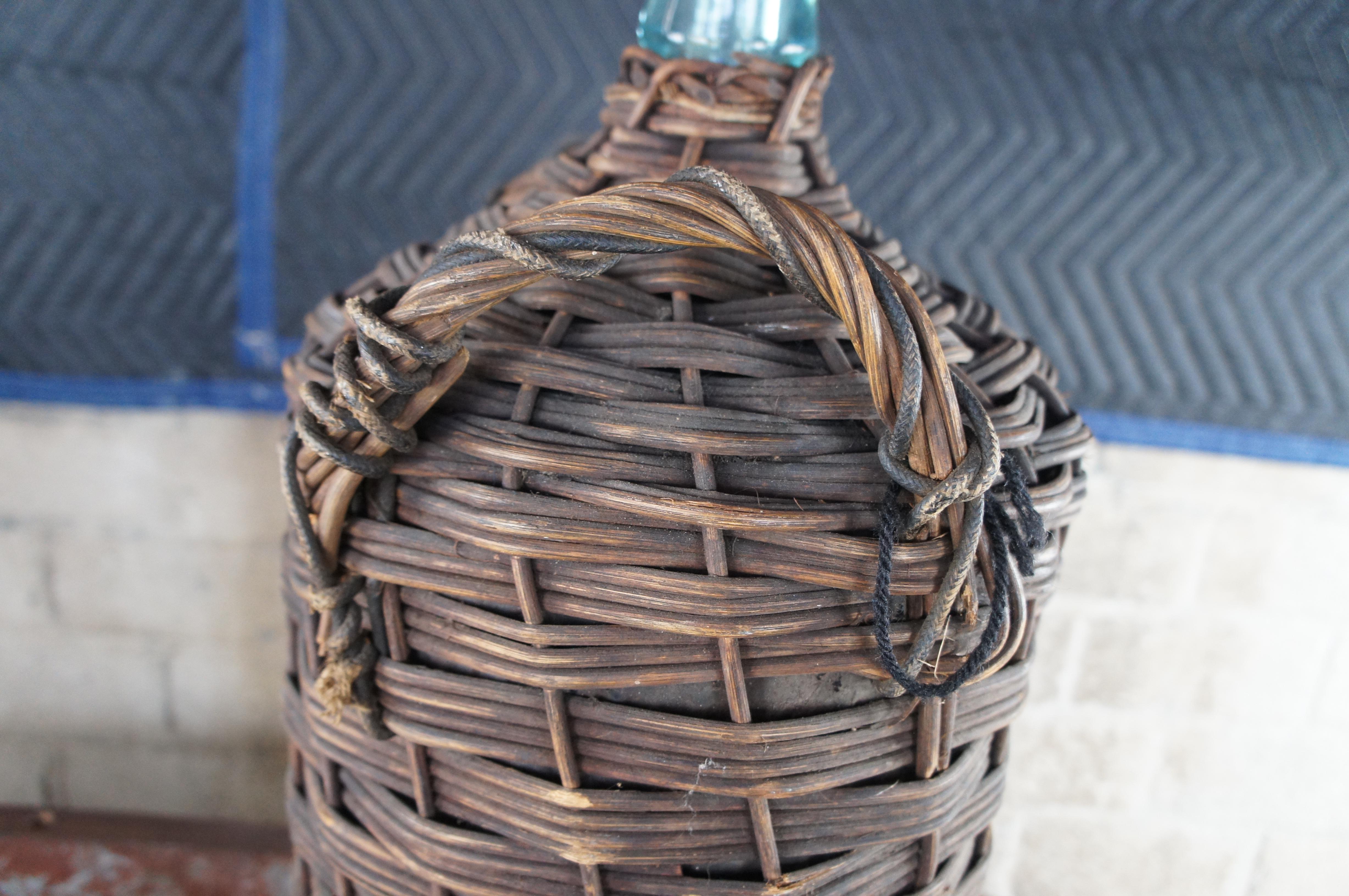 Antique French Wicker Wrapped Green Glass Demijohn Wine Bottle Jug Carboy 21