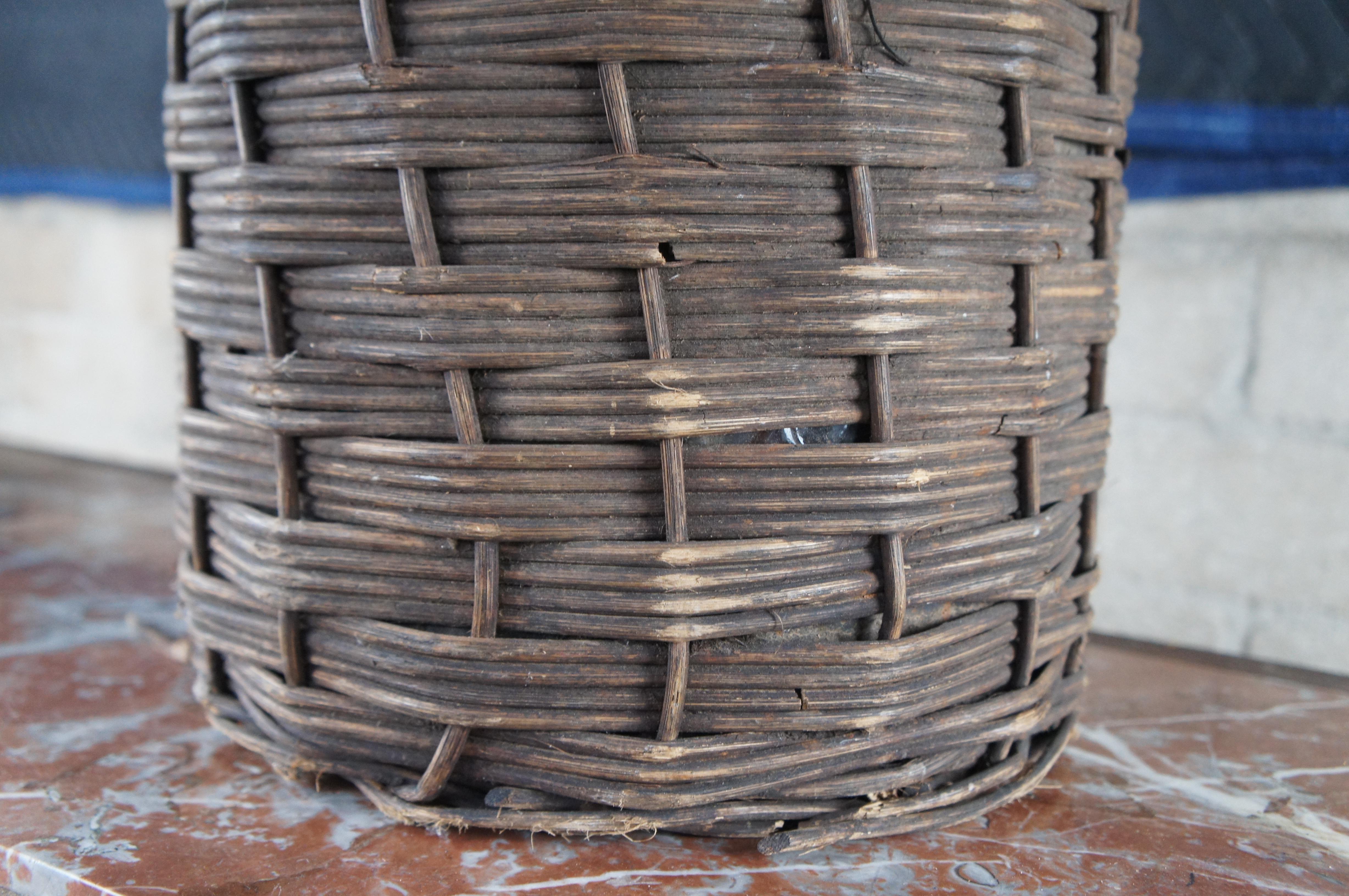 Antique French Wicker Wrapped Green Glass Demijohn Wine Bottle Jug Carboy 21
