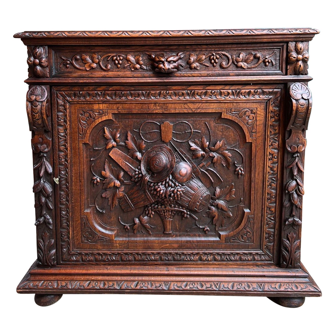 Antique French Wine Cabinet Sideboard Renaissance Revival Carved Oak c1890