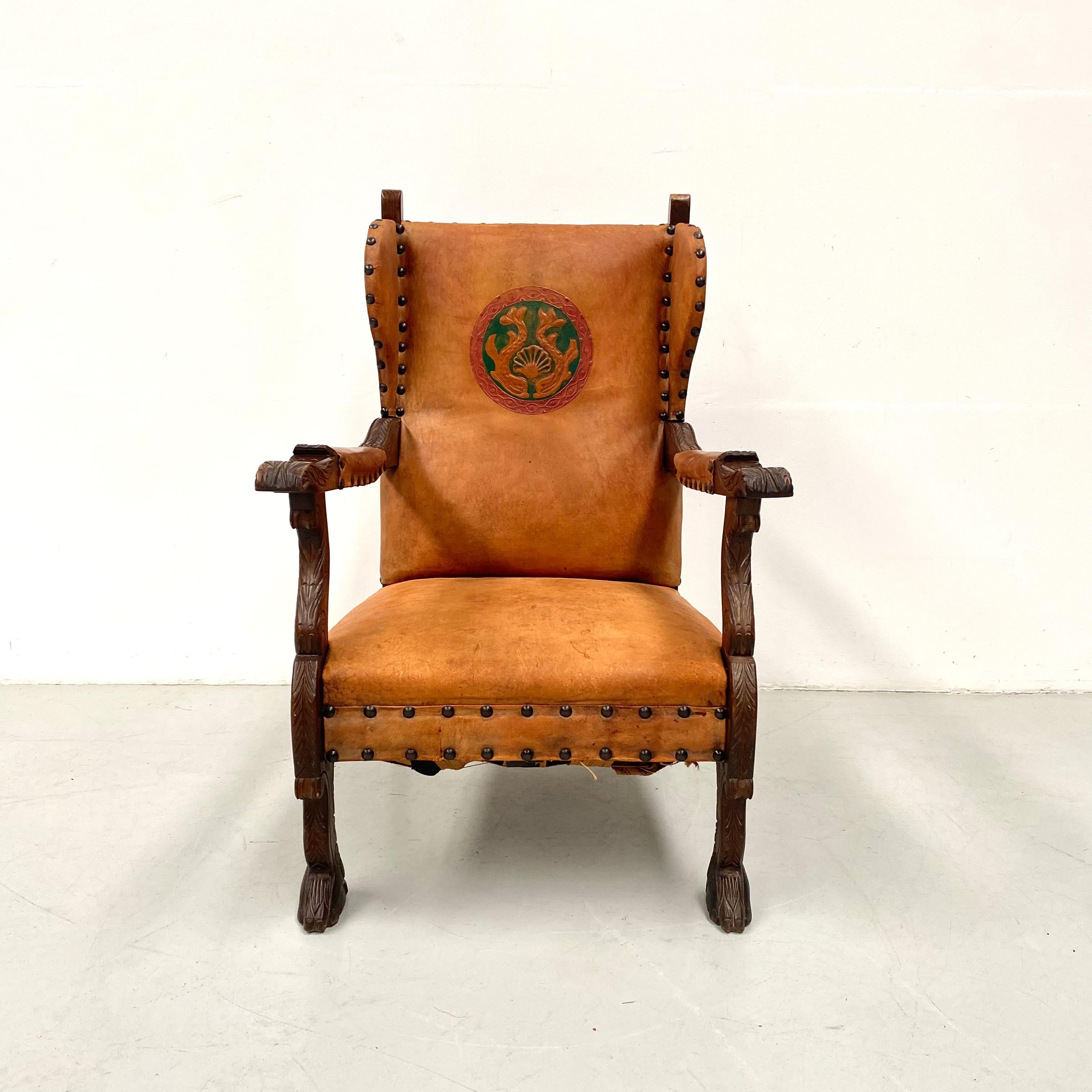 Antique French Wingchair in Cognac Leather with Carvings, 1920s. For Sale 8