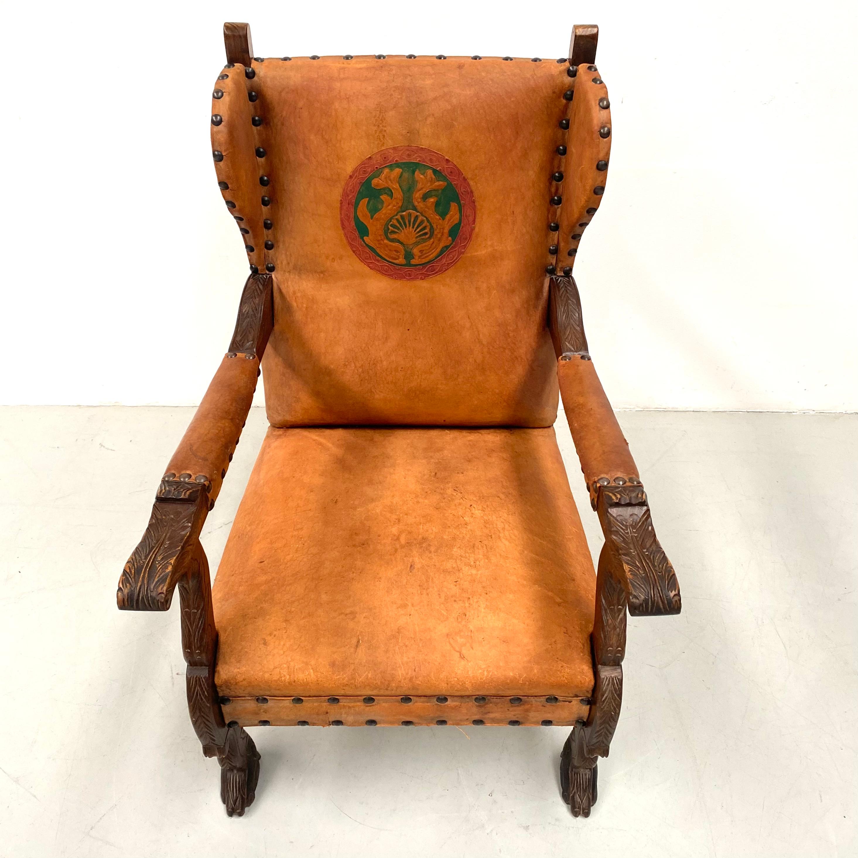 Antique French Wingchair in Cognac Leather with Carvings, 1920s. 9