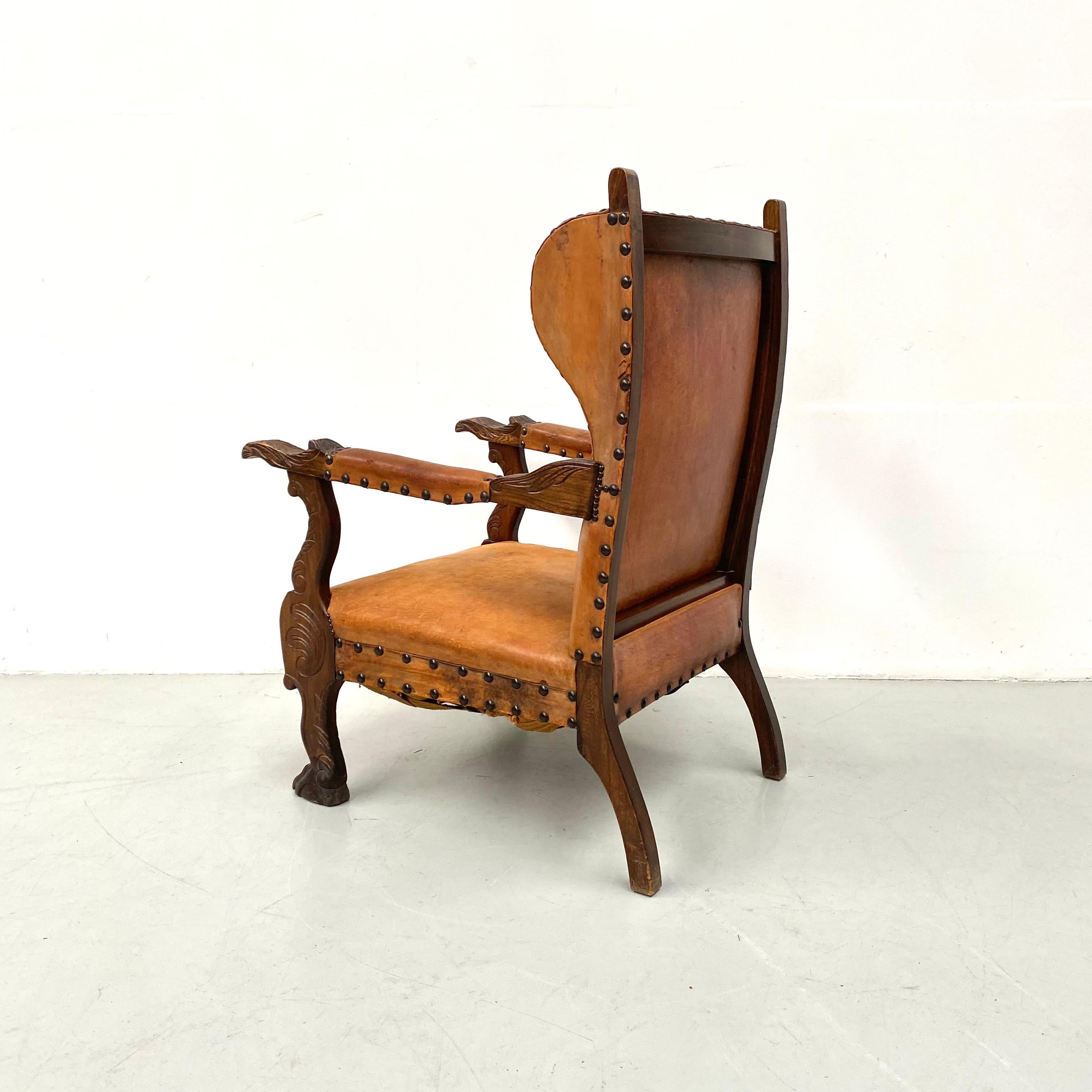 Antique French Wingchair in Cognac Leather with Carvings, 1920s. For Sale 10