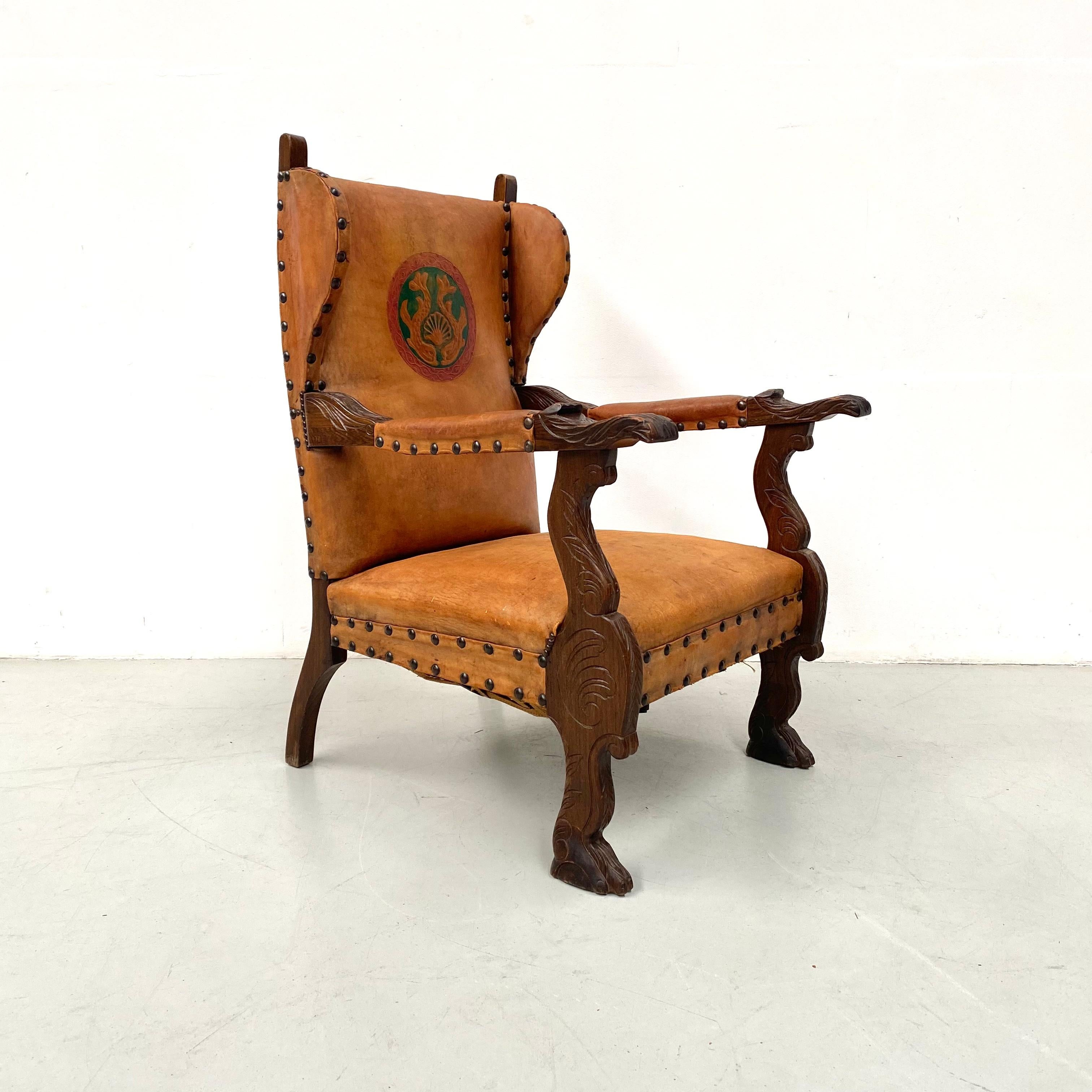 Antique French Wingchair in Cognac Leather with Carvings, 1920s. For Sale 1