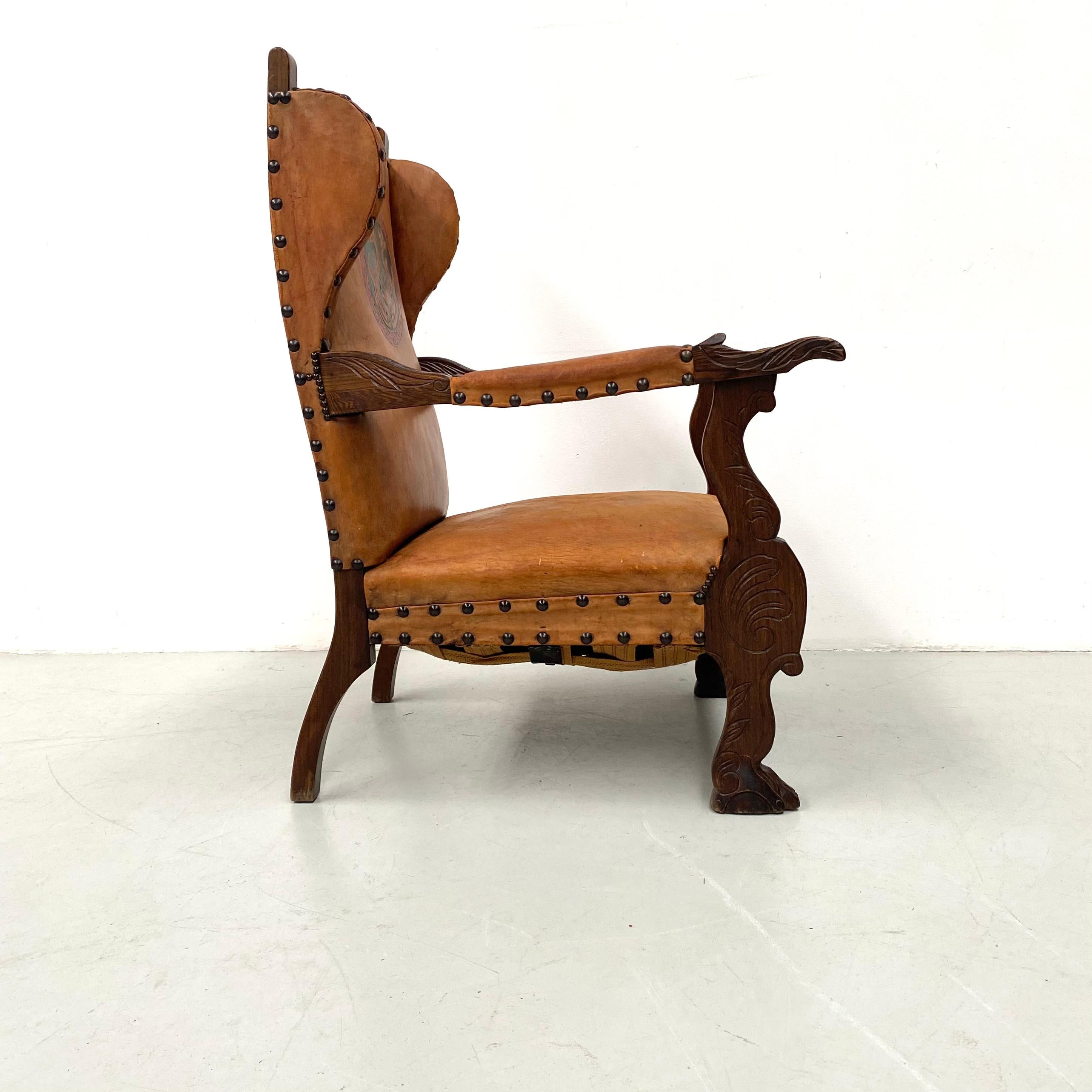 Antique French Wingchair in Cognac Leather with Carvings, 1920s. For Sale 2