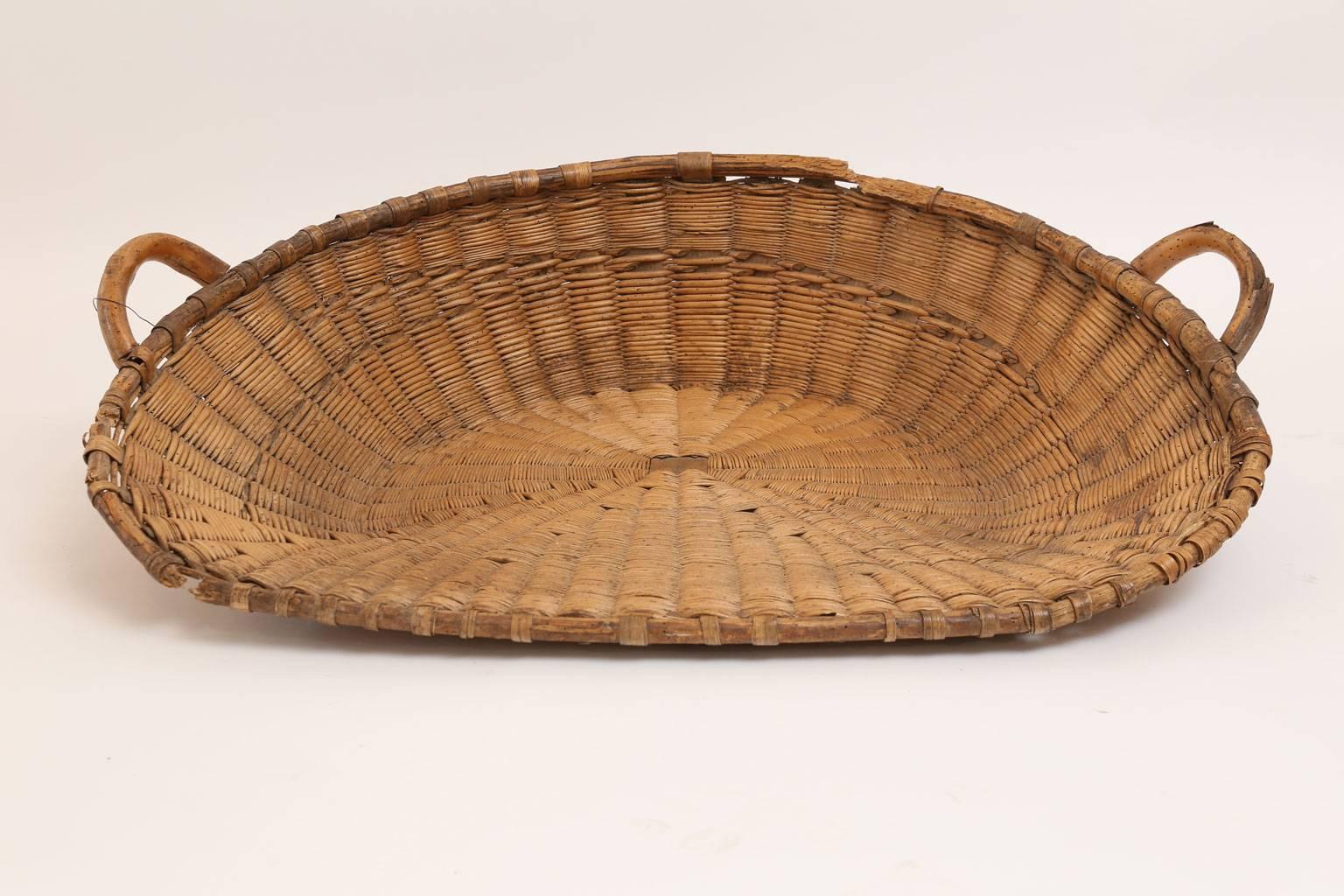 Antique French winnowing basket used for separating chaff from wheat after a harvest in the 19th century. Today this charming basket serves as a decorative accessory (a wall hanging or for food display) or is perfect for use as a dog bed with the