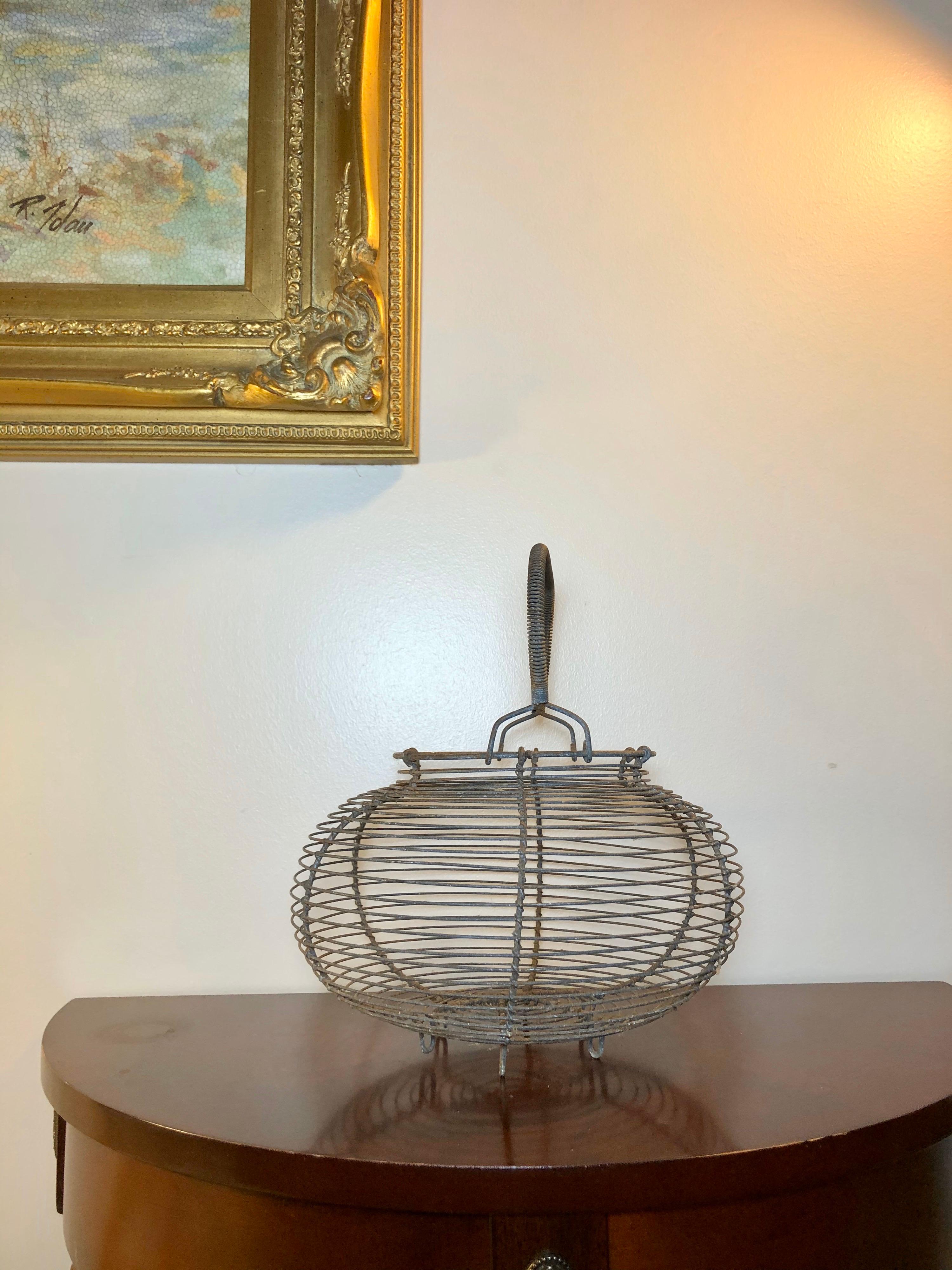 19th Century Antique French Wire Egg Decorative Basket with Handle, Late 1800s For Sale