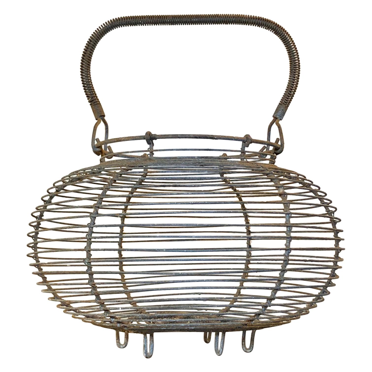 Antique French Wire Egg Decorative Basket with Handle, Late 1800s For Sale