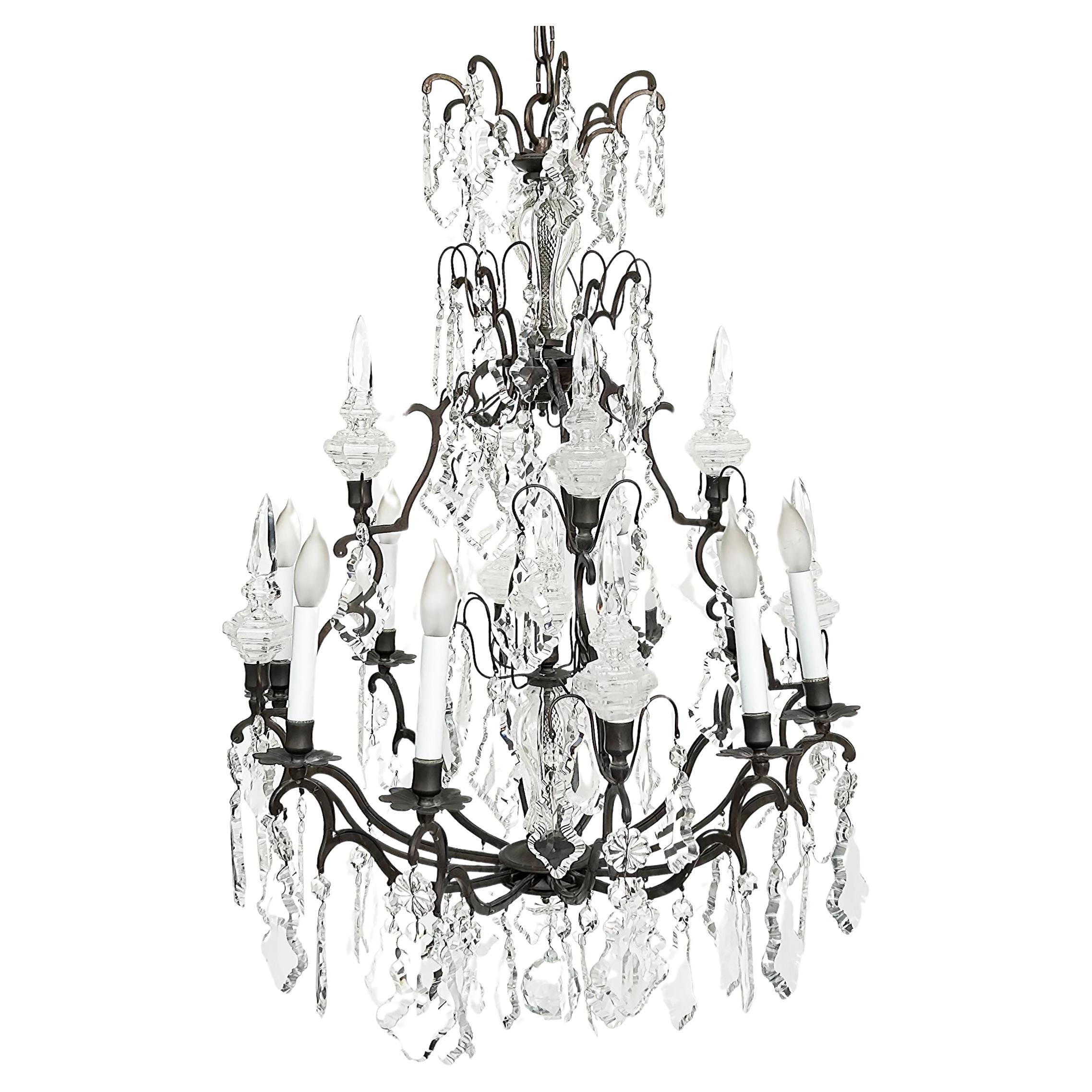 19th-Century French Louis XV Style Bronze Chandelier with Cut Crystal For Sale