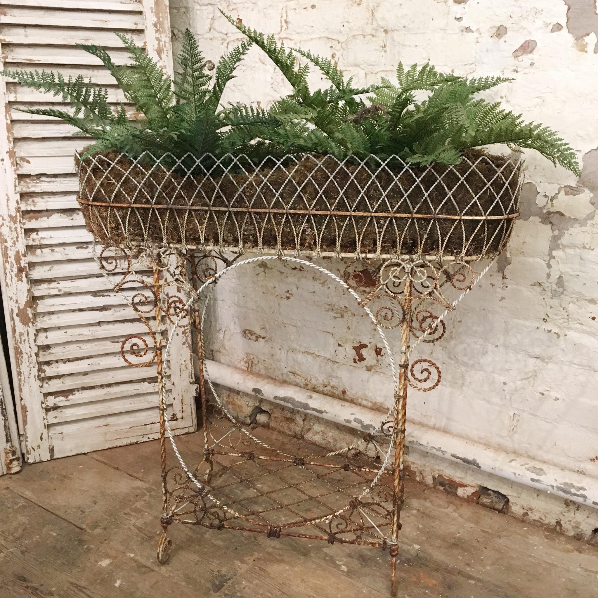 This twisted wirework jardinière plant stand is made from many pieces of interwoven wire strands, over decorated with loops and swirls. French origin. It has one main basket at the top with vintage mossy lining, the stand also has a lower shelf for