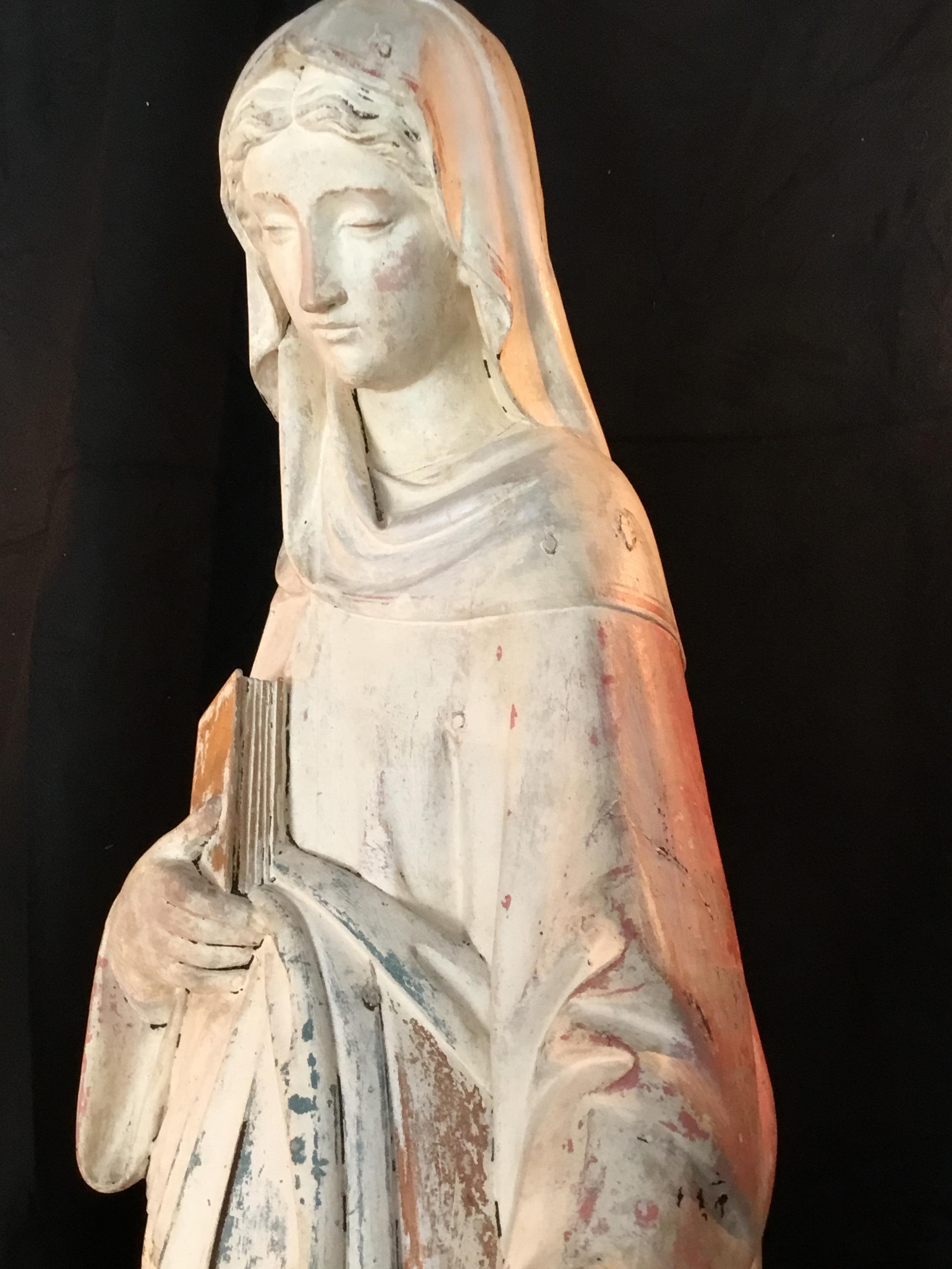Hardwood Antique French Wood Carved Madonna Statue