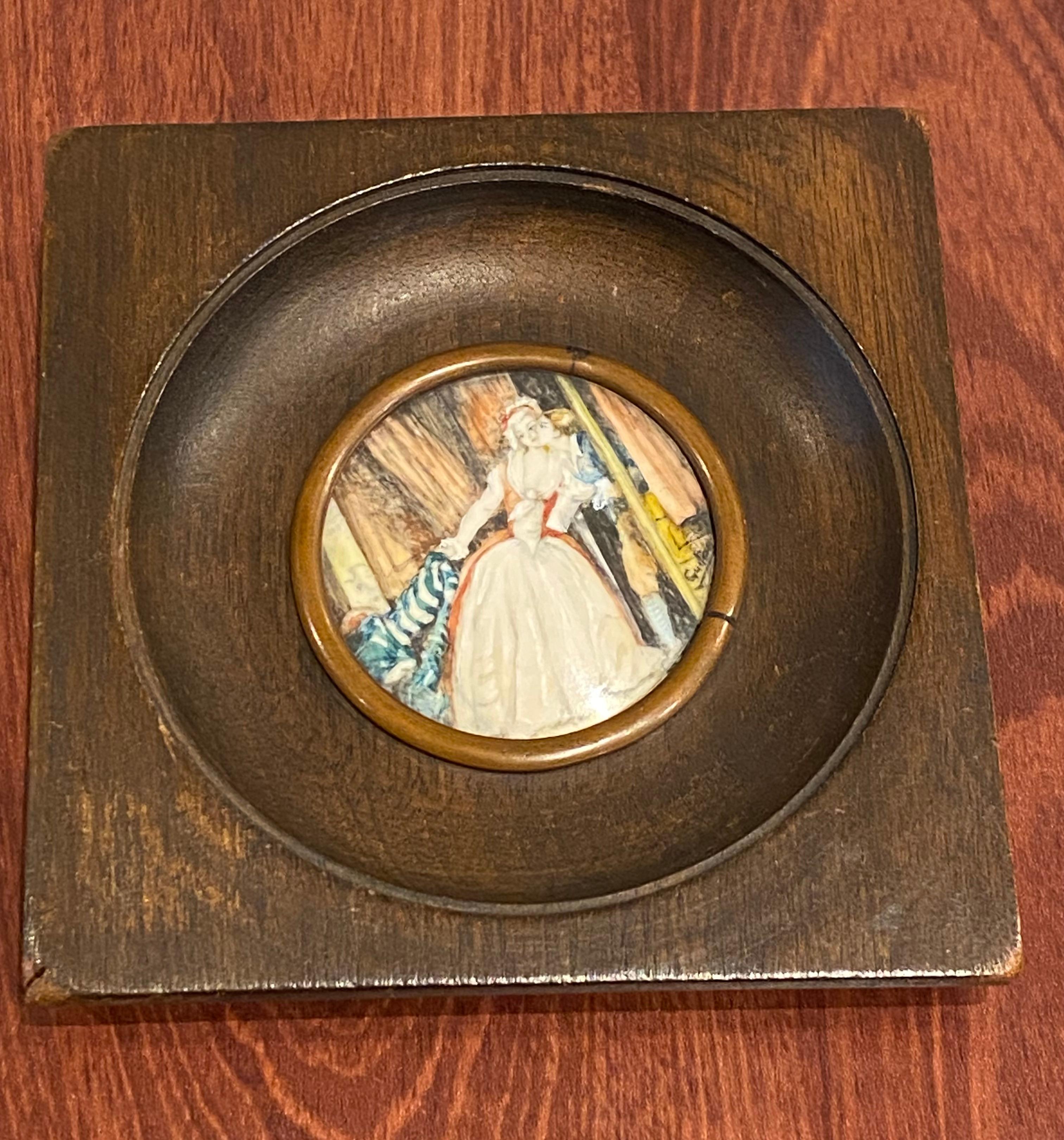 Antique French Miniature, 
wood-framed, 
depicting a classical scene painting 

Dimensions: 10.7cm x 10.7cm 