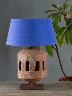 Antique French Wood Gear Wheel Lamp Custom Shade, circa 1890