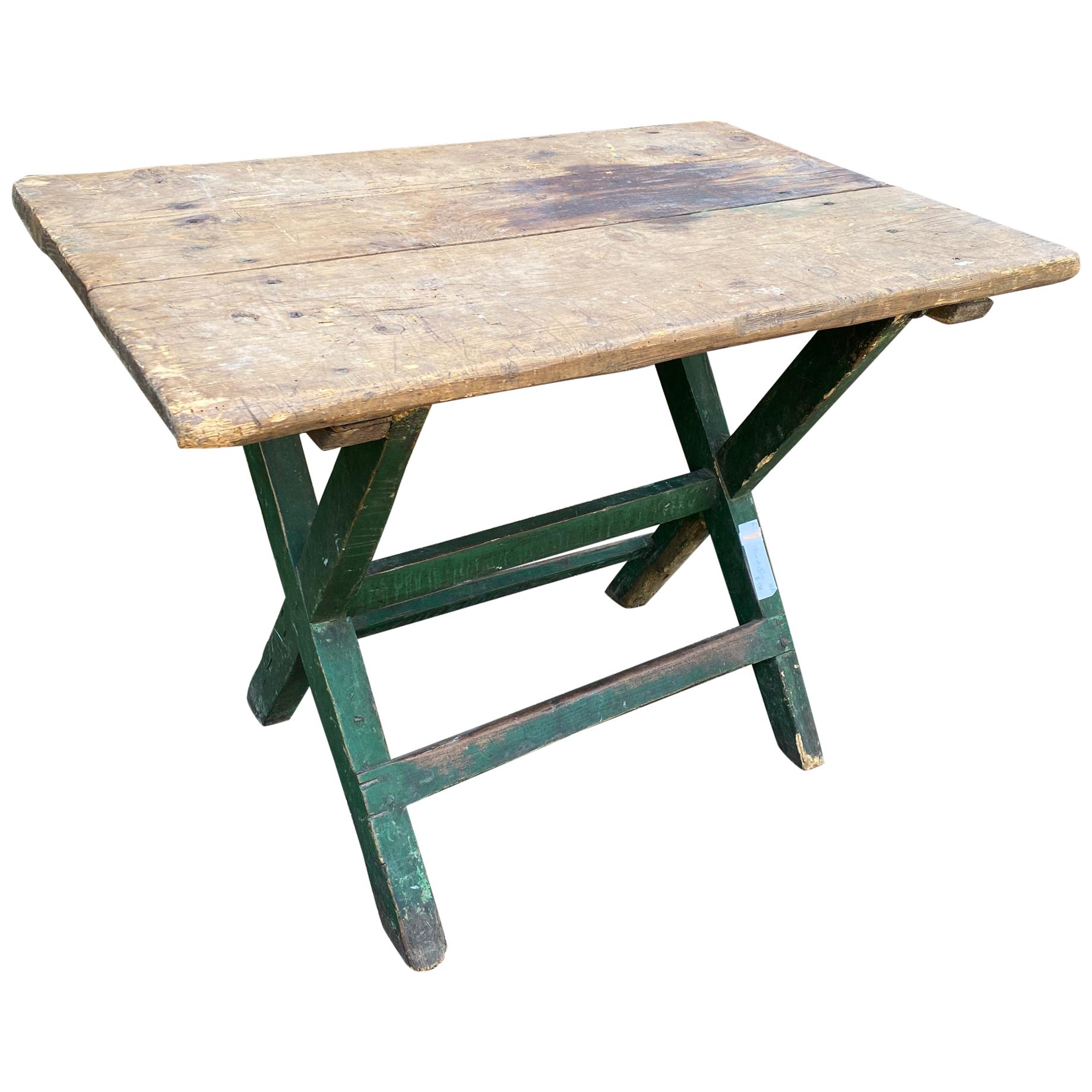 Antique French Wood Trestle Style Work Table with Green Base, circa 1850