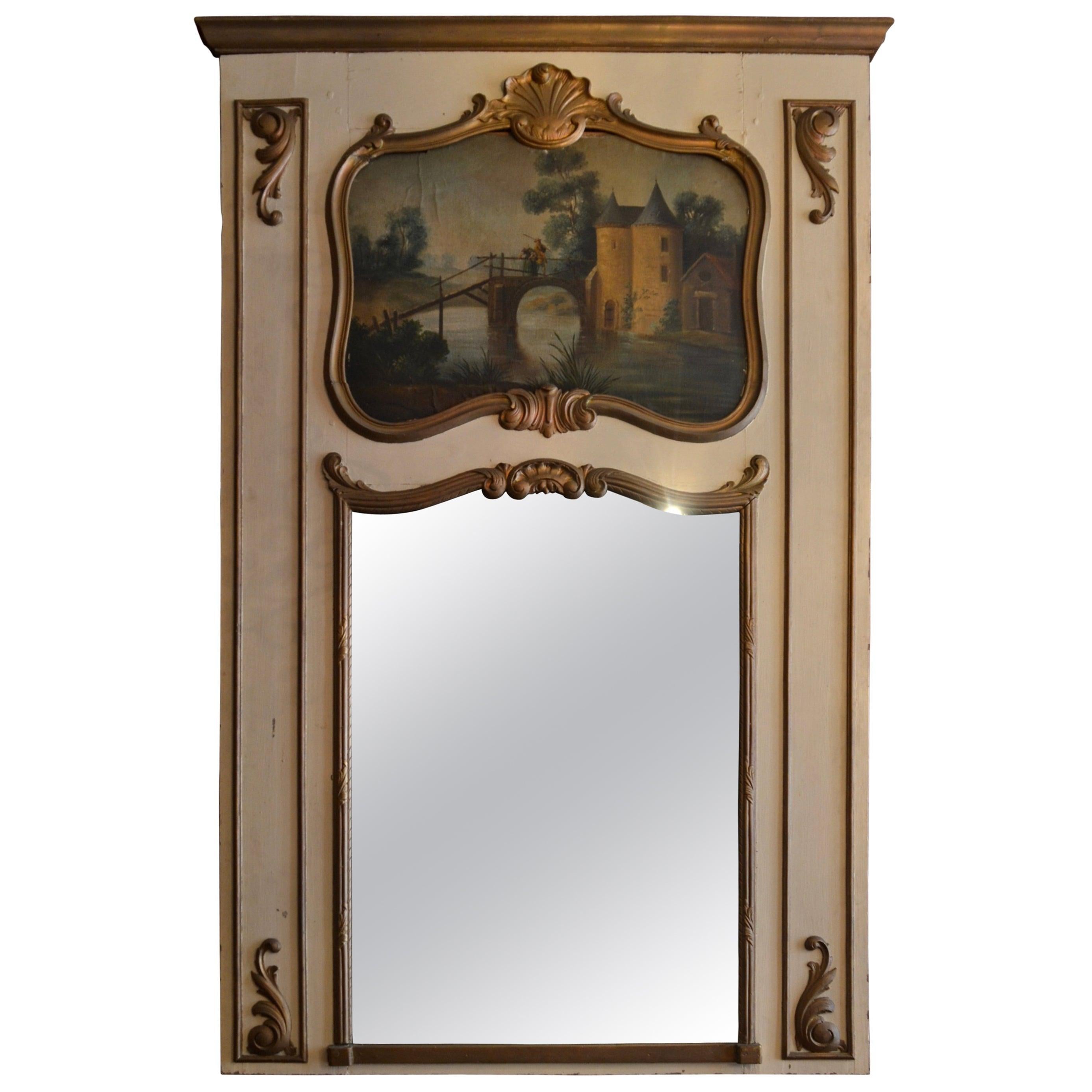 Hand-Painted Antique French Wood Trumeau Mirror with Multi-Color Landscape Scene For Sale